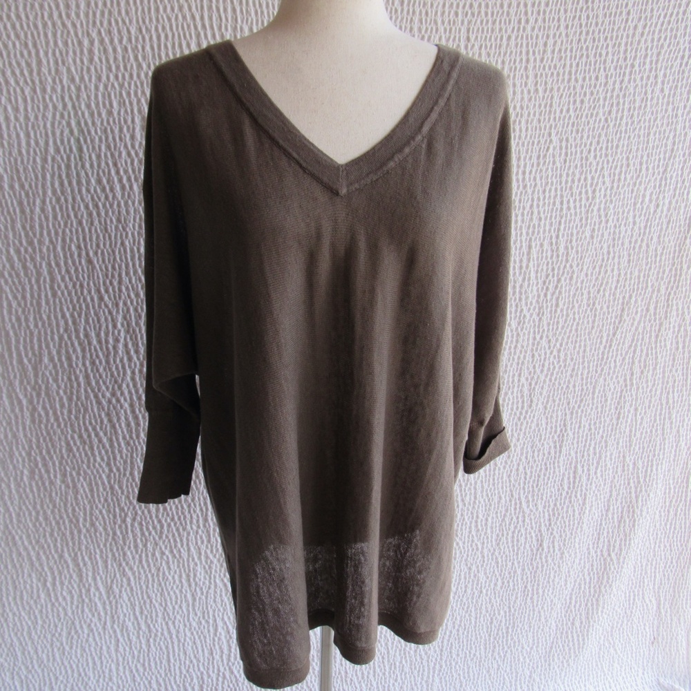 Garnet Hill Lightweight Linen Pullover Sweater XS Lagenlook Vneck 3/4  brown